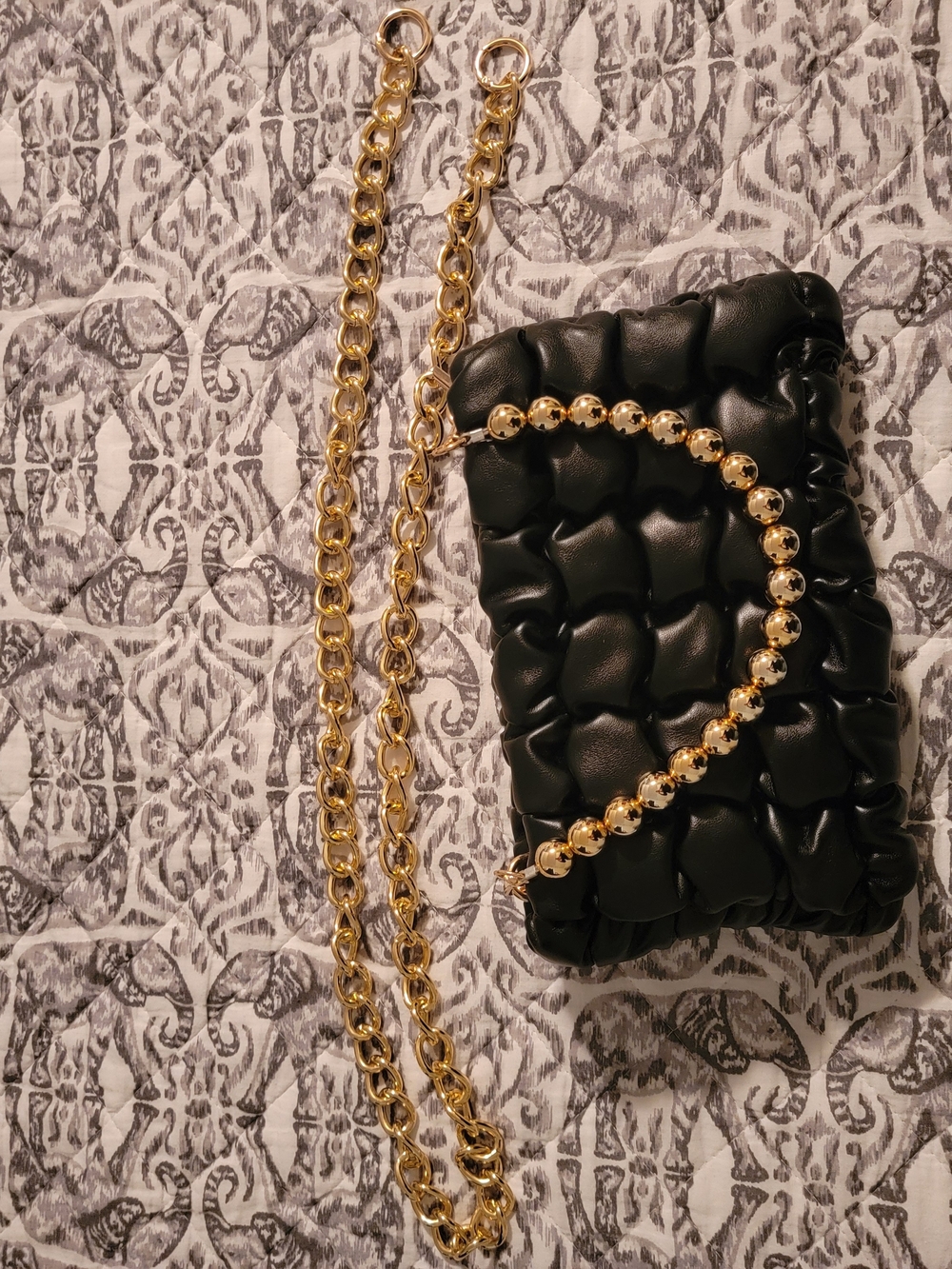 Black Quilted Crossbody Bag with Gold Chain Accent, Clutch,  Can Be Purse